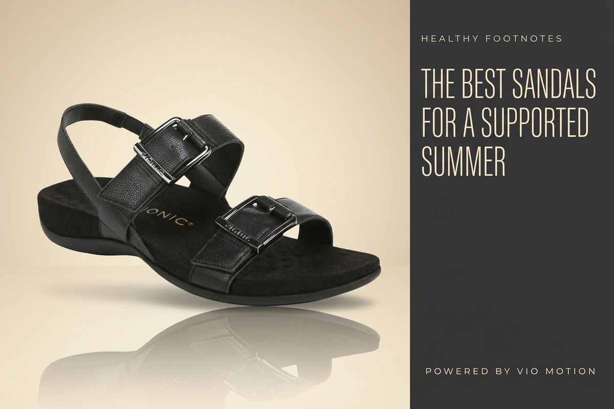 Vionic Reese back strap sandal floating above a cream studio floor