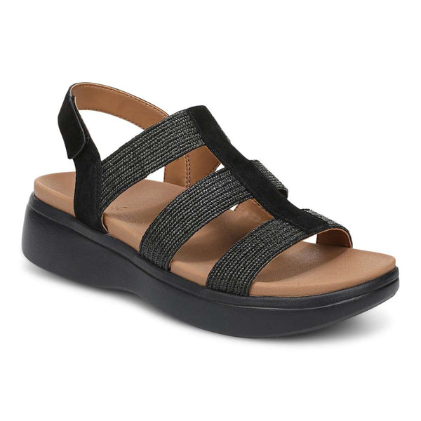 Vionic Sabrina Flatform Sandal in black suede with crossover straps